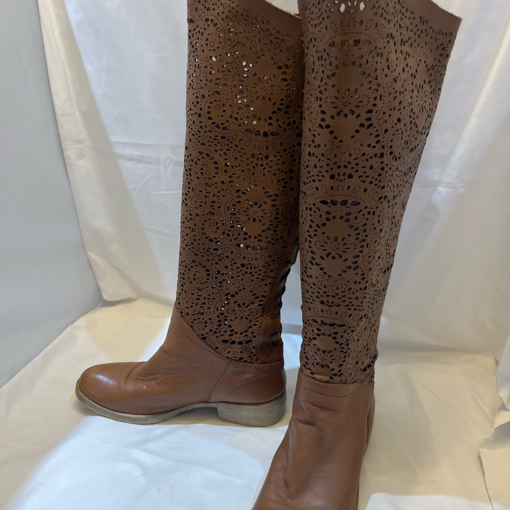 Brown Laser-Cut Knee-High Boots